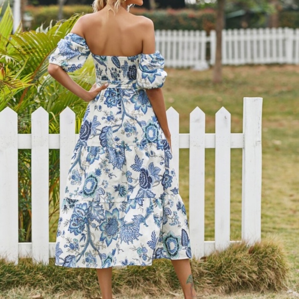 Boho floral belted ruffle hem off shoulder Dress - Picture 2 of 5